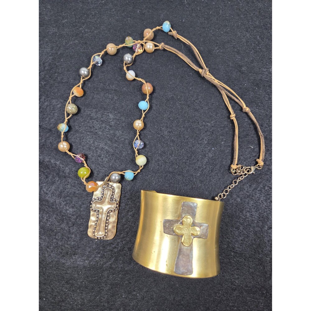 Artisan Boho Cross Jewelry Set | Hammered Brass Statement Necklace and bracelet